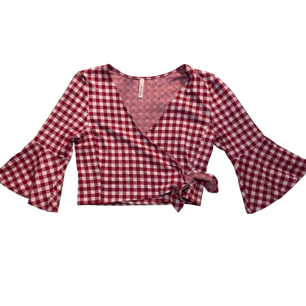 Gilli Red Gingham Wrap Tie‎ Bell Sleeve Cropped Top Size L Boho Western